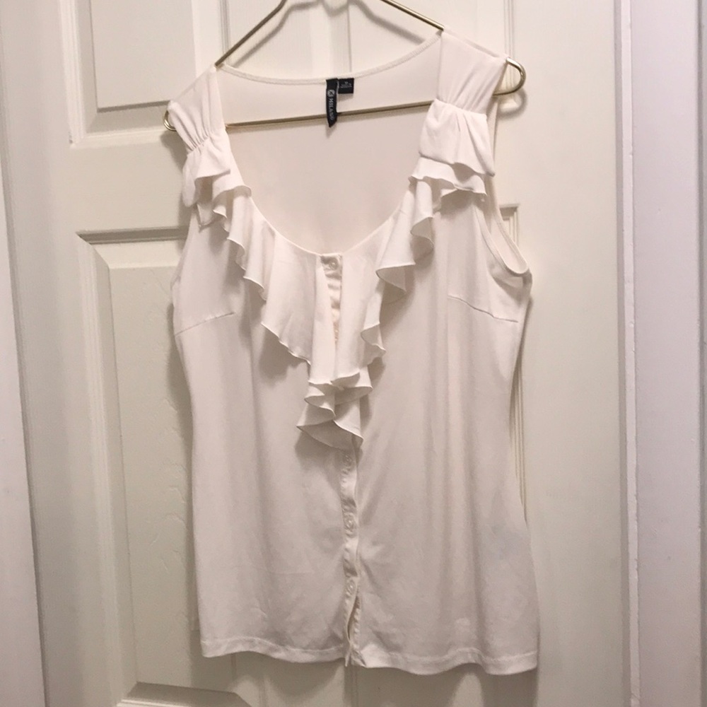 Milano White Ruffle Front Sleeveless Blouse